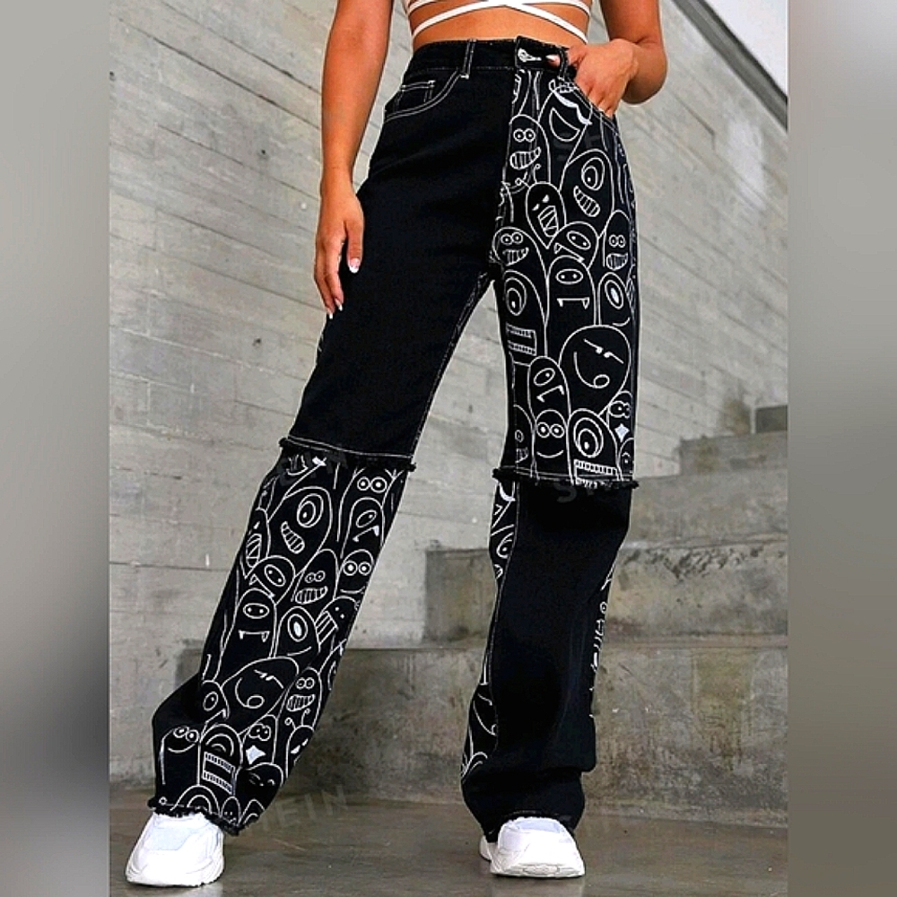 Monster Cartoon Pattern Raw Hem Patched Jeans